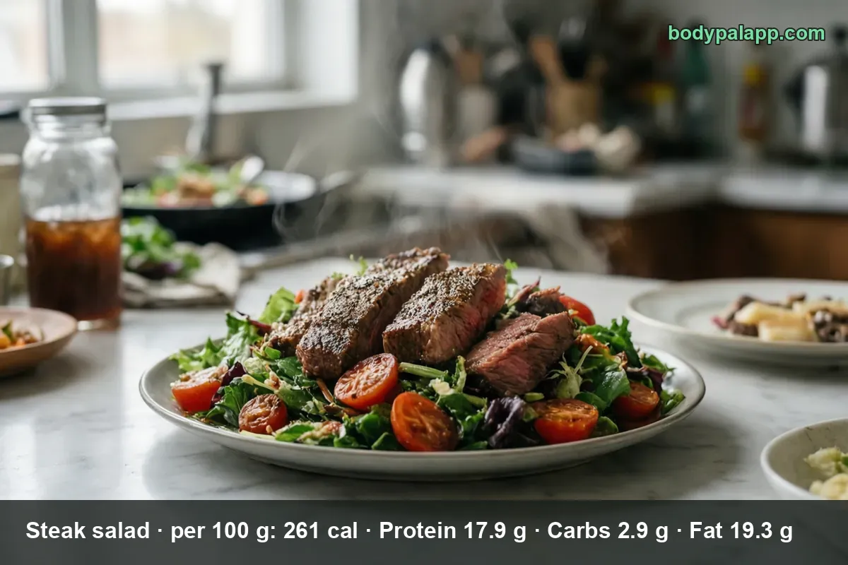 Sliced steak with a pink center on a salad with tomatoes, steam rising