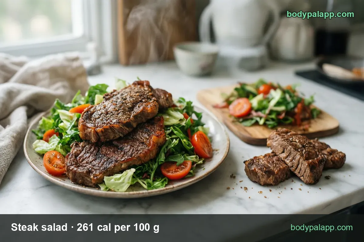 Two whole steaks on green salad with cherry tomatoes on a plate, smaller salad on a board and three steak pieces beside it; 1 cup 182 g and 2 cups 364 g