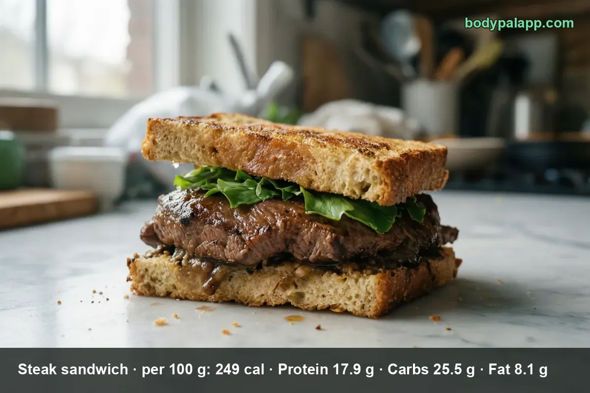 Steak sandwich made from two toasted bread slices with a whole steak and rocket leaves.