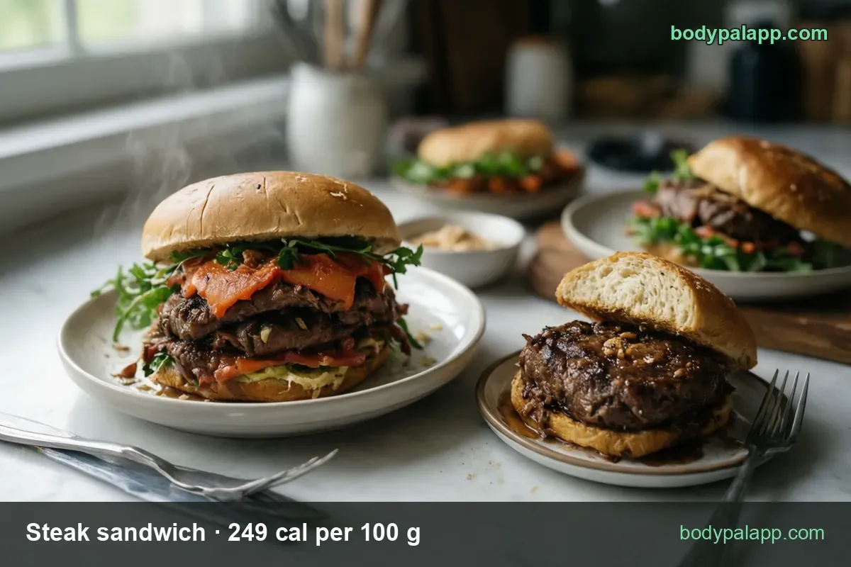 Steak sandwich in a round roll with sliced steak, tomato and greens; chips show 1 regular 115 g 286 cal and 1 large 175 g 436 cal.