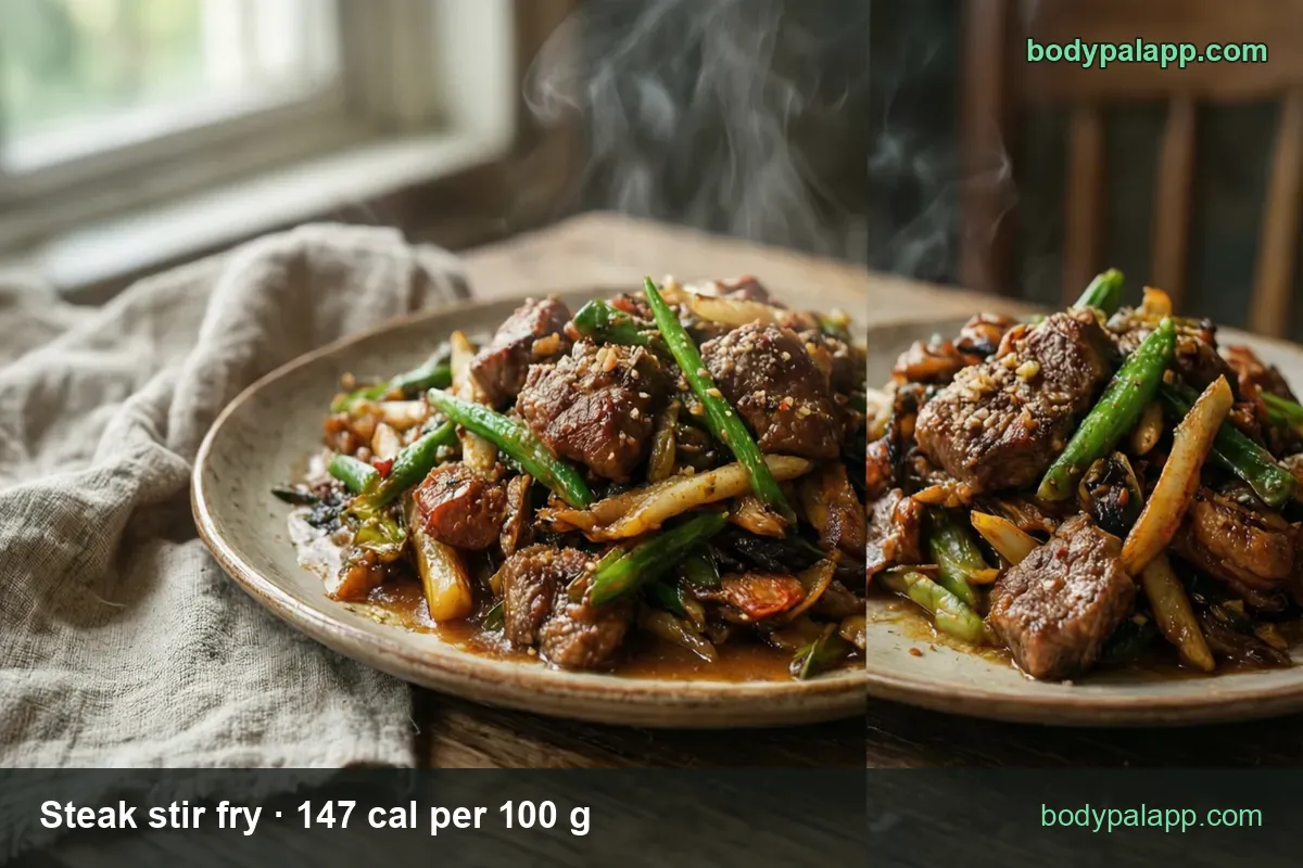 Plate of steak stir fry with beef cubes, green beans and onion in sauce; 1 cup (217 g) 319 cal and 1 1/2 cups (326 g) 479 cal
