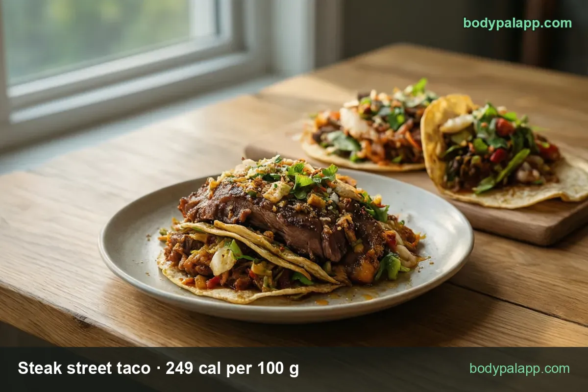 Folded steak street taco with cabbage and cilantro on a plate, two tacos on a board behind; 1 taco (50 g) 125 cal, 105 g taco 261 cal.