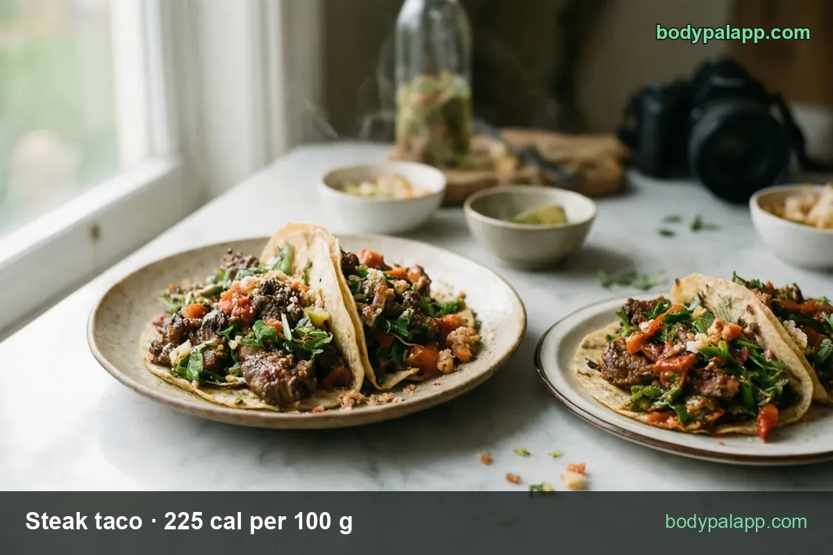 Two steak tacos with greens and tomato on a plate, another taco beside, topping bowls behind; 1 taco 286 cal, 2 tacos 572 cal