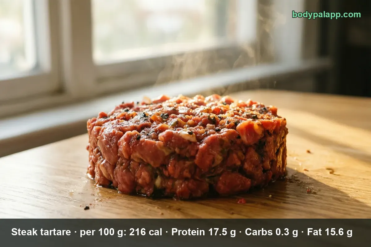 Round puck of raw steak tartare topped with seasoning, served on a wooden board