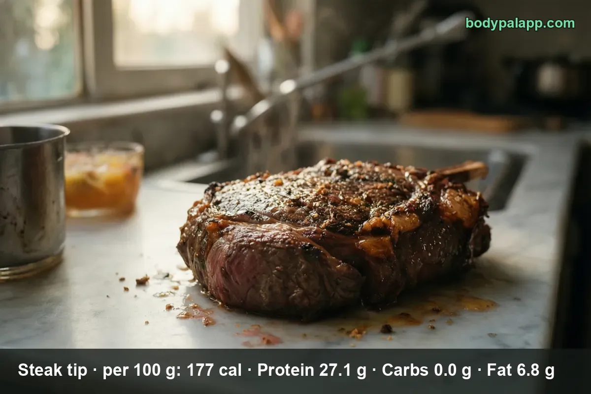 A whole bone-in steak with a seared crust resting on a kitchen counter