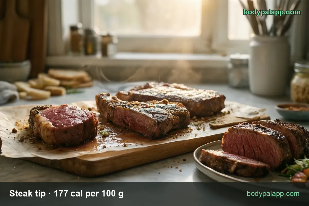 Grilled steaks on a board, one sliced pink, and thick steak slices on a plate; chips show 6 oz (170 g) 301 cal and 4 oz (113 g) 200 cal