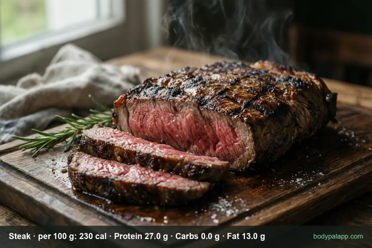 Steak shown close up for this US calorie and nutrition guide