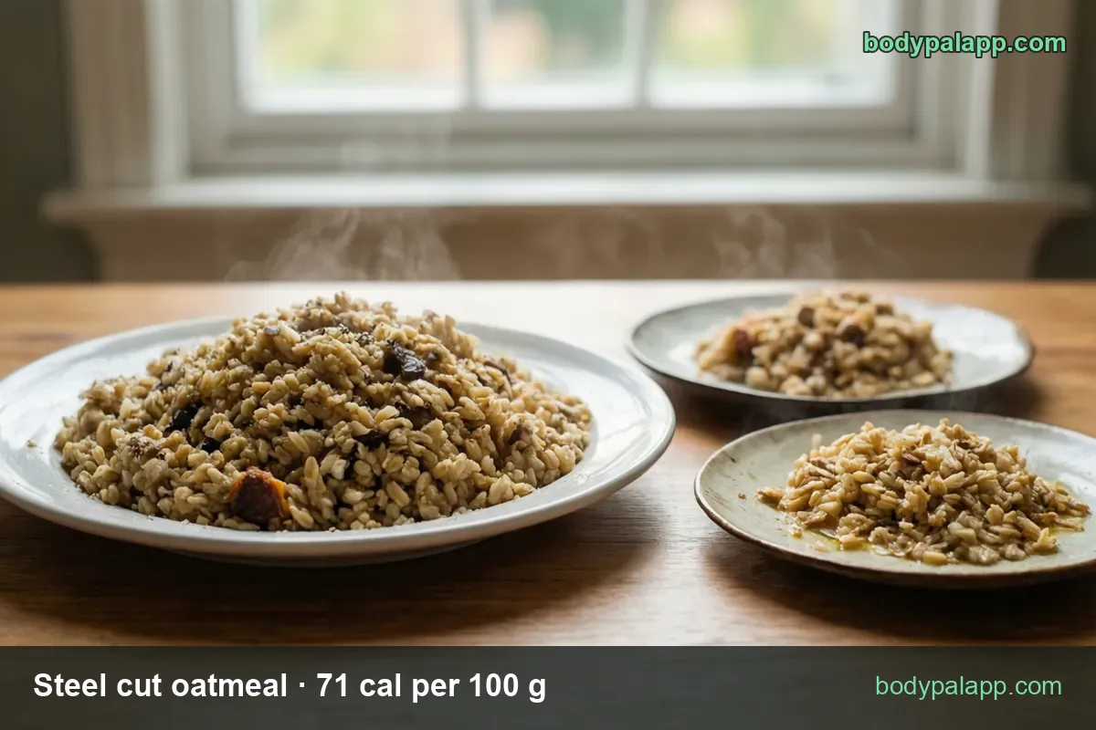 Three flat plates of cooked whole oat grains with raisins and dried fruit, 1 cup (234 g) 166 cal and 3/4 cup (175 g) 124 cal
