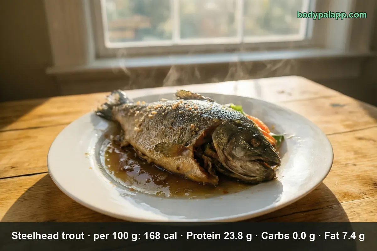 Whole baked steelhead trout with the head on, on a white plate with sauce and a sprinkling of topping