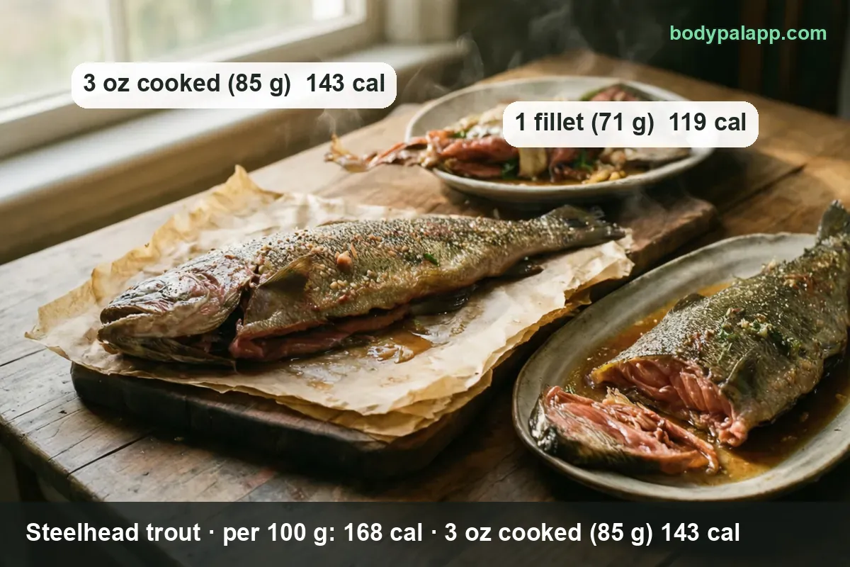 Three whole baked steelhead trout, one on parchment, one plated with sauce, one with a side; 3 oz (85 g) 143 cal, 1 fillet (71 g) 119 cal