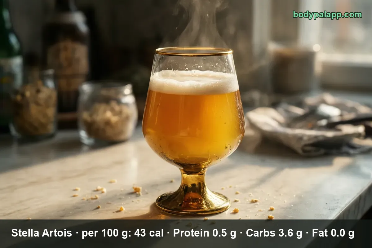 Golden chalice glass of Stella Artois lager with a thick white foam head and steam rising above the beer