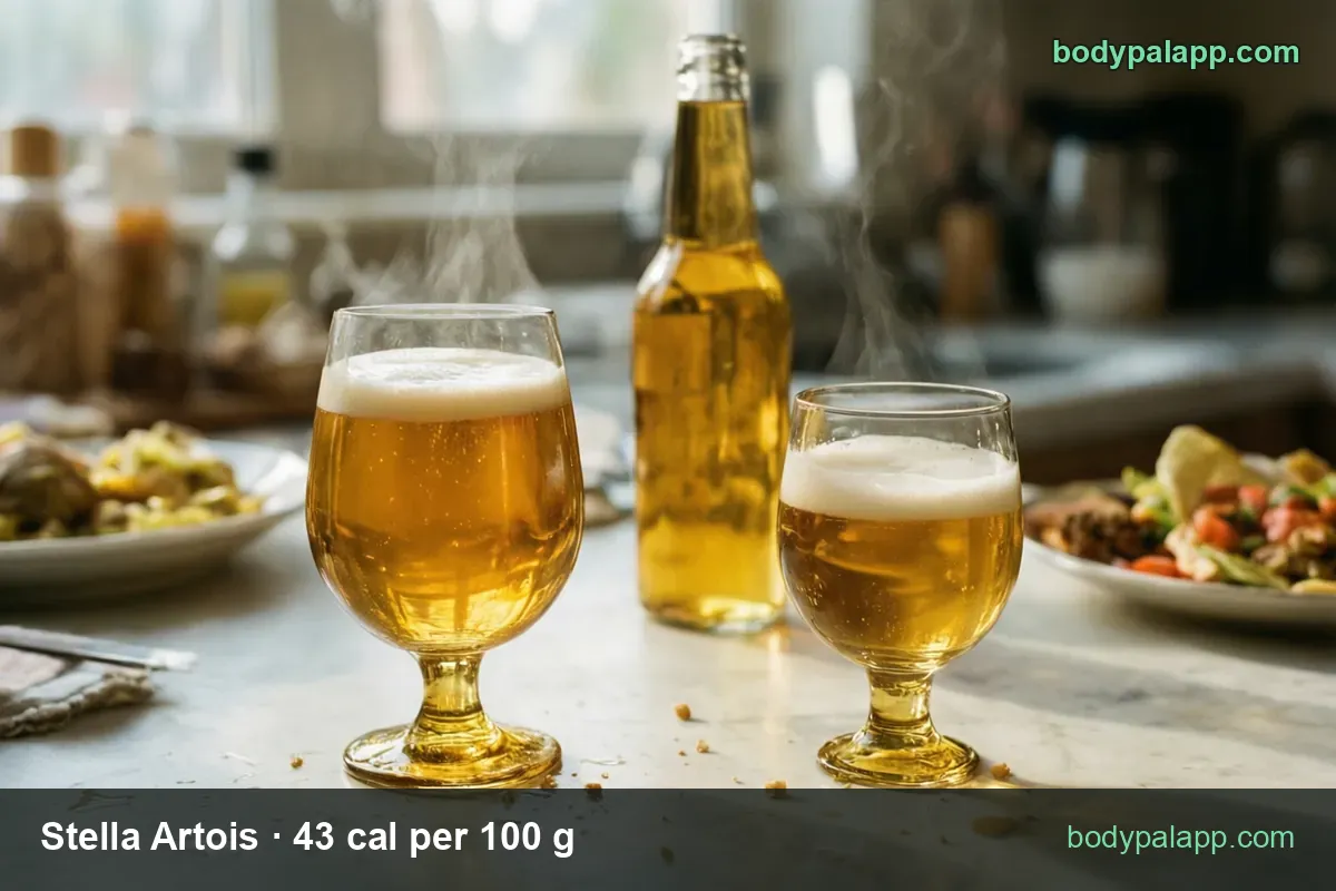 Two stemmed glasses of pale beer with foam and an unlabeled bottle: 11.2 fl oz chalice 144 cal, 12 fl oz bottle 155 cal