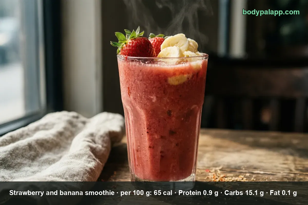 Tall glass of pink strawberry banana smoothie topped with two strawberries and banana slices.