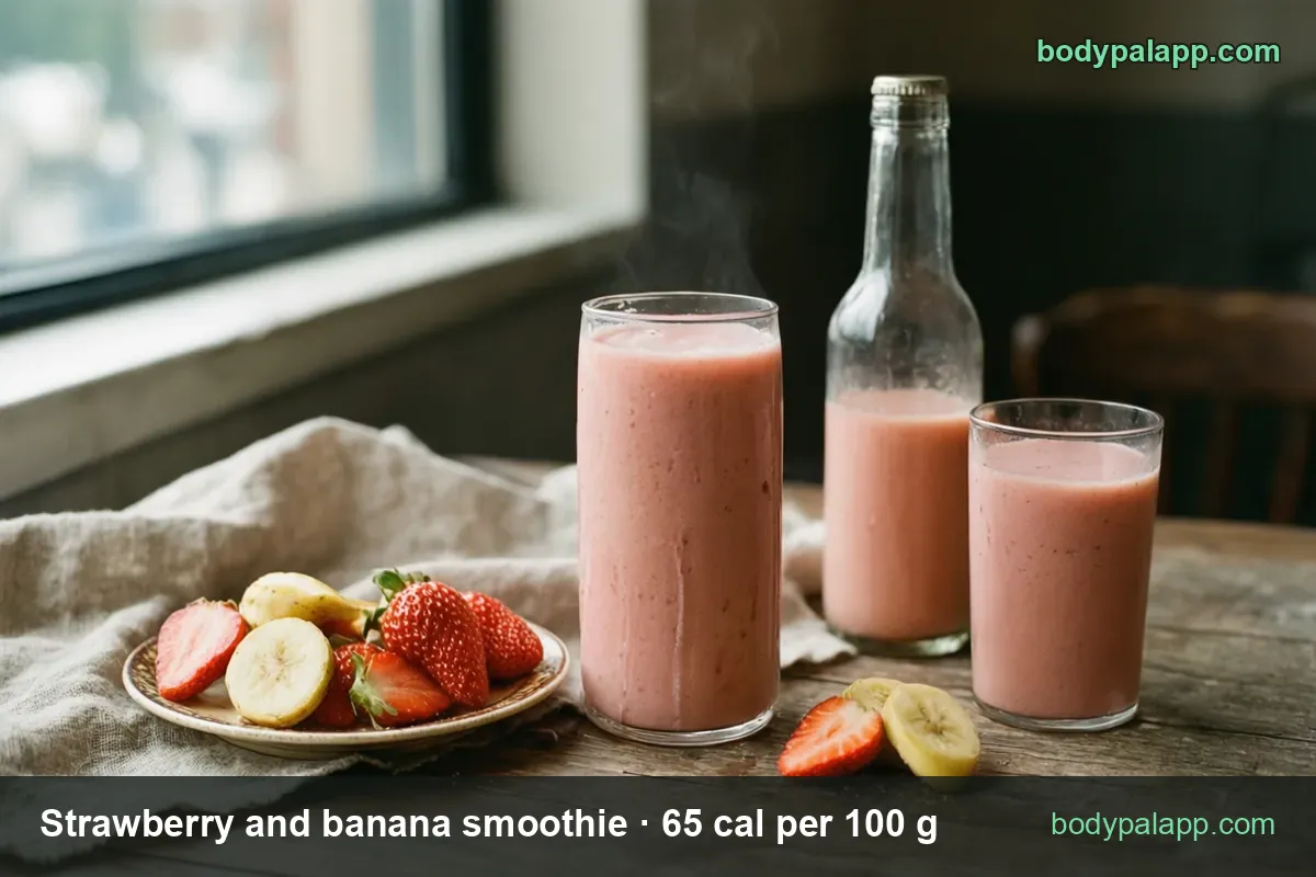 Tall glass, small glass and bottle of strawberry banana smoothie with strawberry halves and banana slices; 12 fl oz 226 cal, 8 fl oz 150 cal.