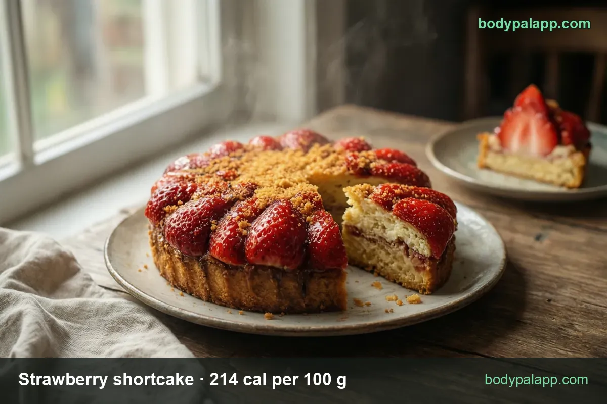 Round strawberry shortcake with halved strawberries, one slice cut and plated; 1 slice (175 g) 375 cal, 1 cup (150 g) 321 cal