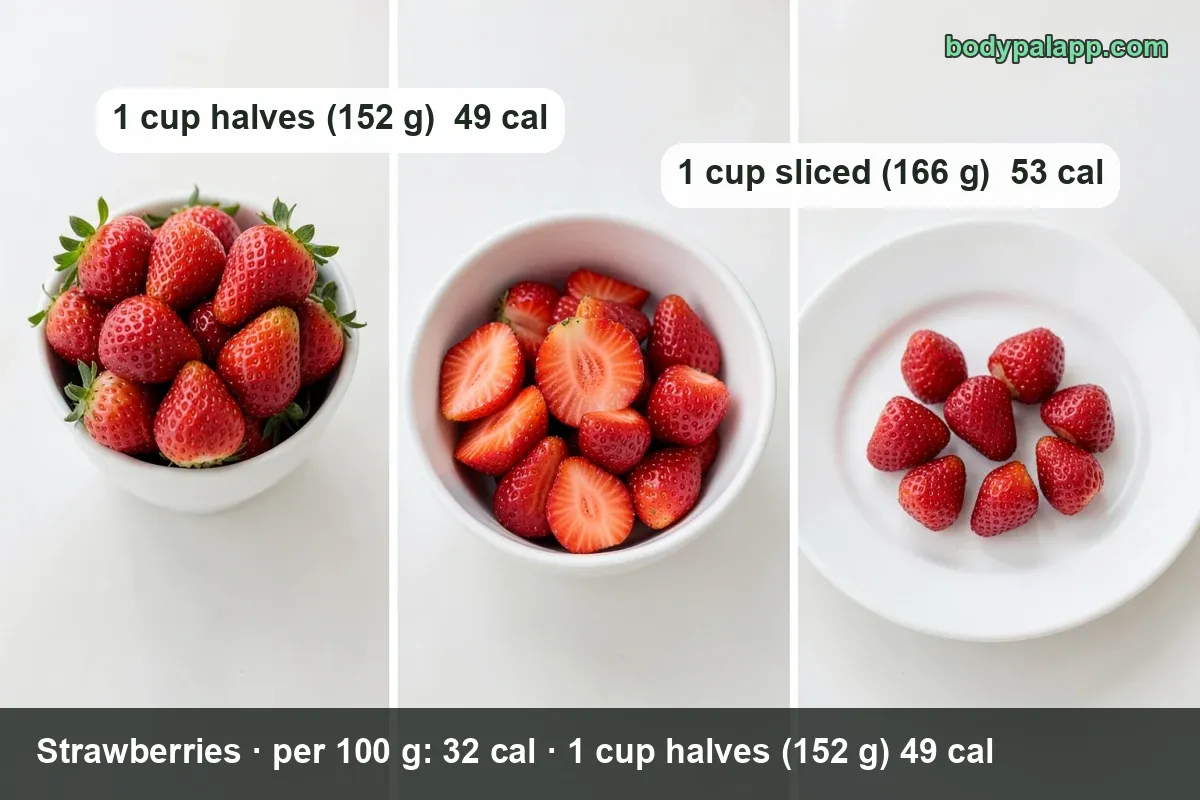 Three plates of strawberries: whole with stems, halved with mint, sliced with mint; 1 cup halves 49 cal, 1 cup sliced 53 cal.