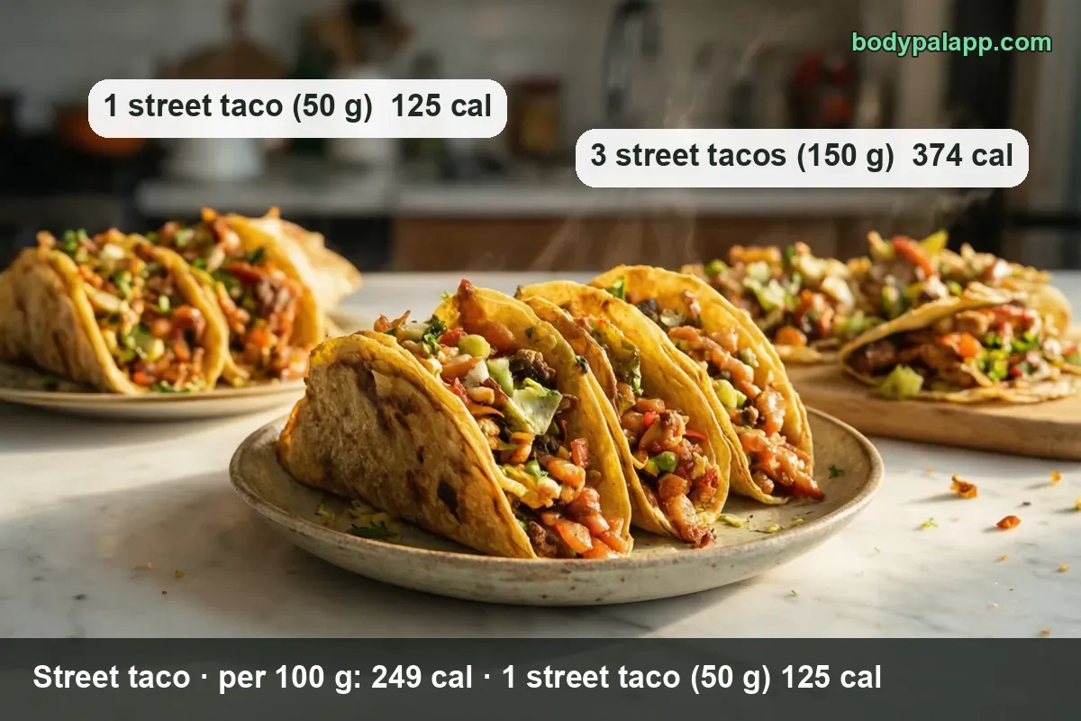 Street tacos on corn tortillas with ground beef, tomato, onion and cheese - 1 street taco (50 g) 125 cal, 3 tacos (150 g) 374 cal