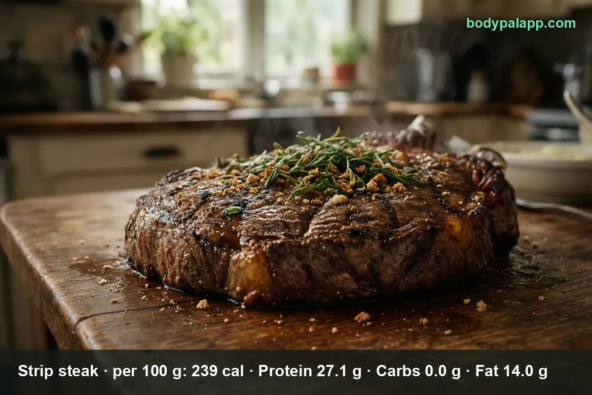 Whole thick cooked strip steak with rosemary on a wooden board, steam rising