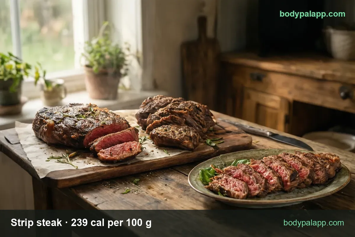 Two cooked strip steaks, two cut pieces on a board and a plate of seven medium-rare slices; 1 regular steak 240 g and 1 slice 30 g