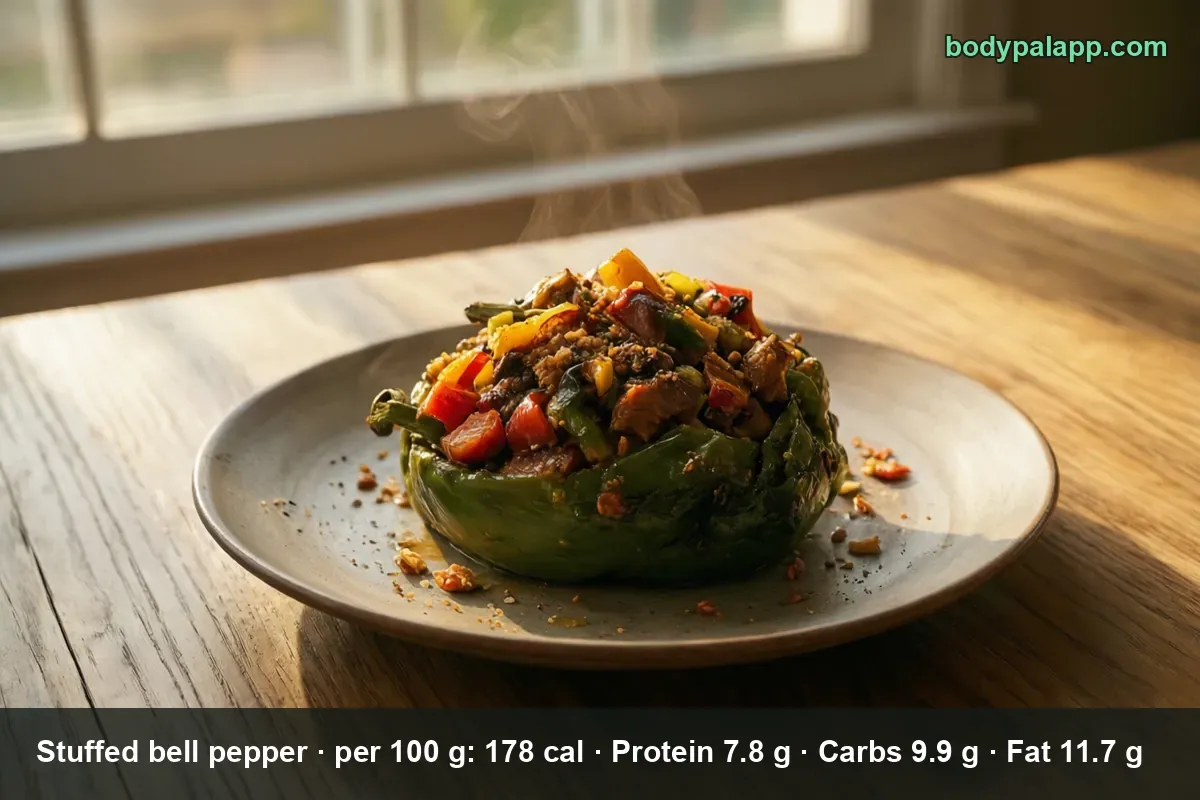 One green bell pepper stuffed with ground meat, rice and vegetables, served on a plate