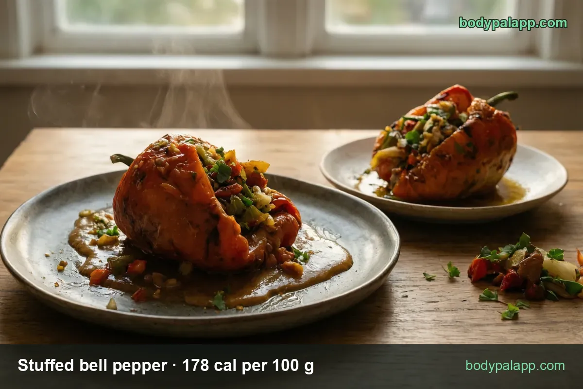 Two roasted red peppers stuffed with rice and vegetables, each on a plate with sauce; 1 pepper (298 g) 530 cal, 1 cup (198 g) 352 cal