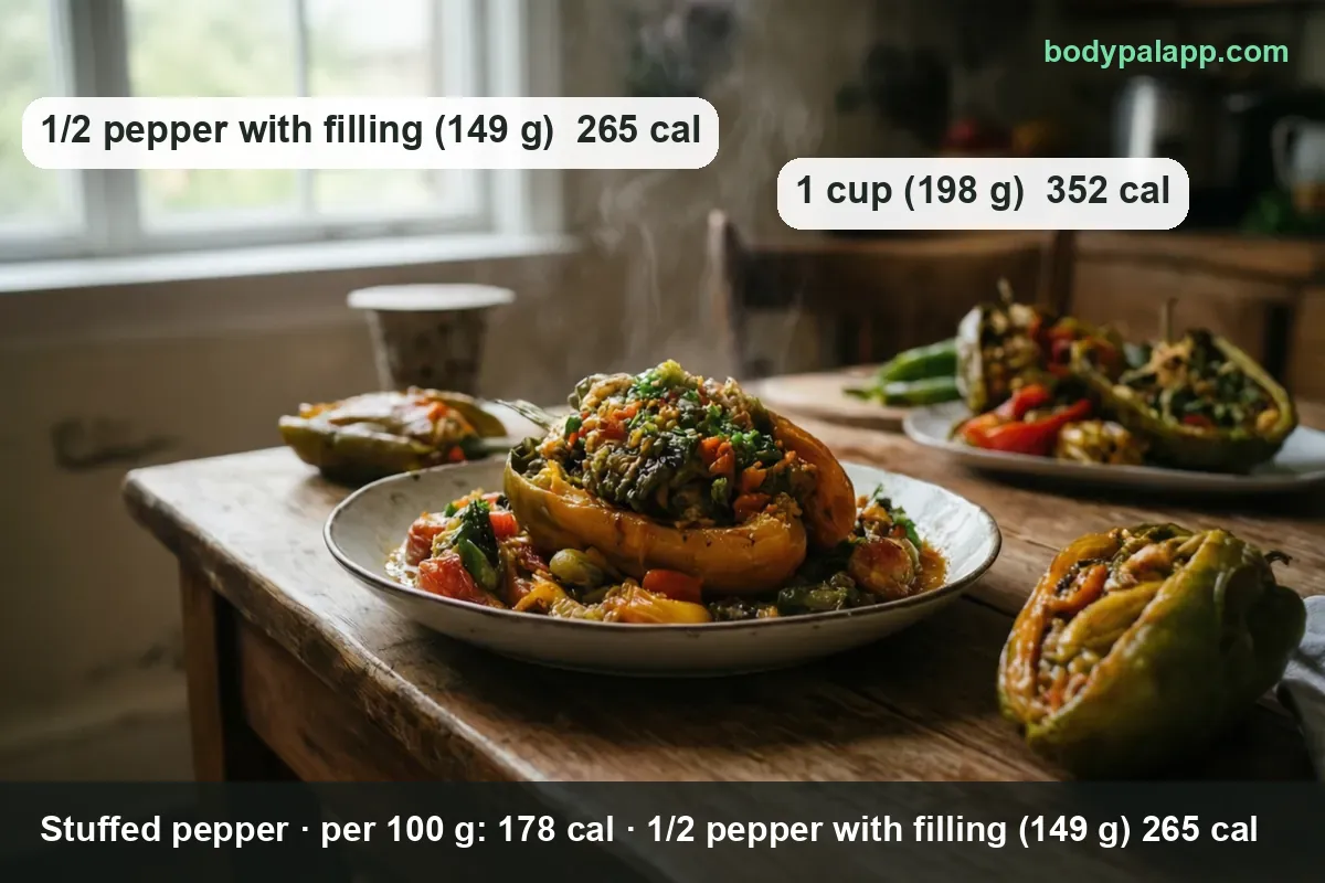 Yellow pepper with rice and vegetable filling plus green stuffed peppers; 1/2 pepper (149 g) 265 cal, 1 cup (198 g) 352 cal.