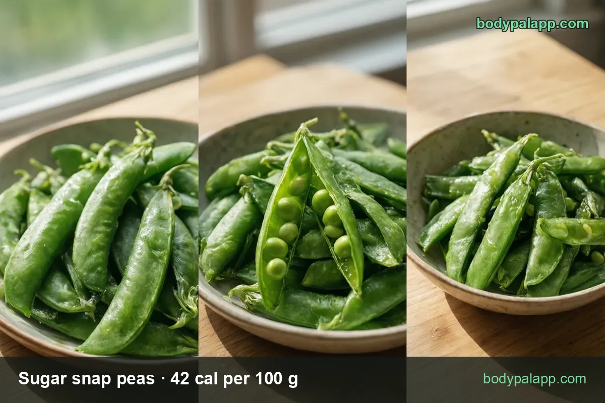 Whole sugar snap pods on a plate, an opened pod showing peas, and a bowl of pods; 1 cup whole 63 g 26 cal, 10 pods 34 g 14 cal