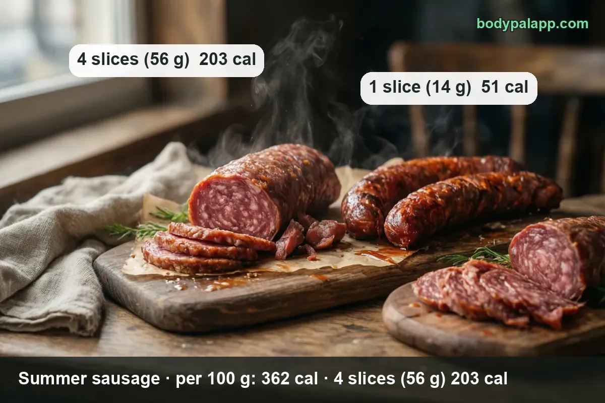 Wooden boards with halved summer sausages and cut slices, labeled 4 slices (56 g) 203 cal and 1 slice (14 g) 51 cal.