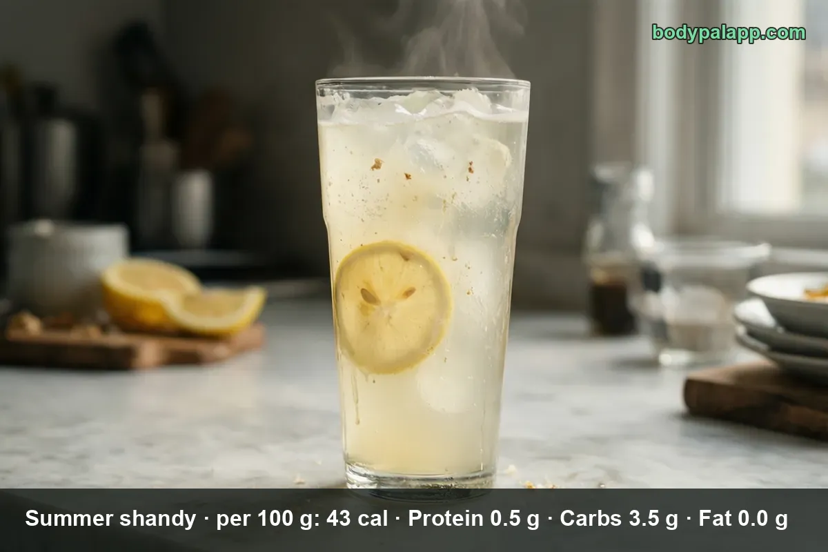Tall glass of pale cloudy summer shandy over ice with a lemon slice