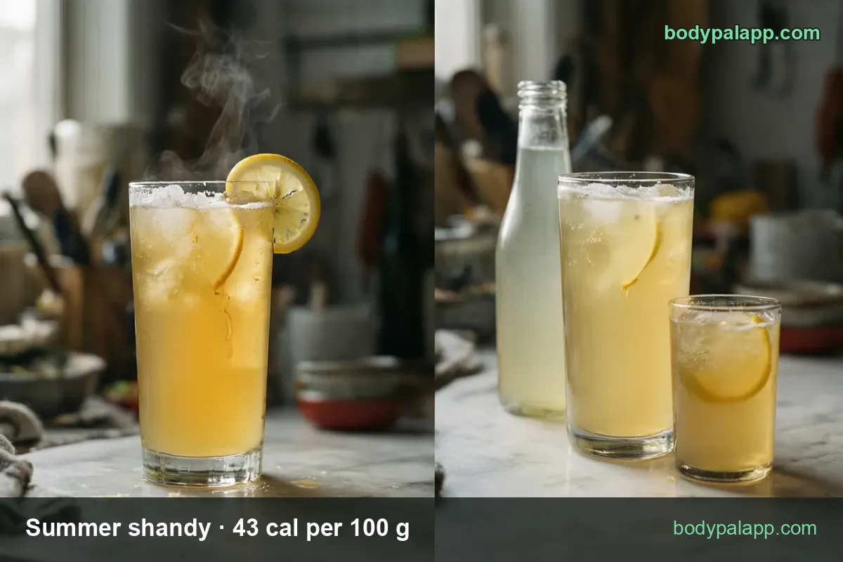 Two panels: amber shandy with ice and a lemon slice; unlabeled bottle with two glasses — 12 fl oz (360 g) 155 cal, 16 fl oz (480 g) 206 cal