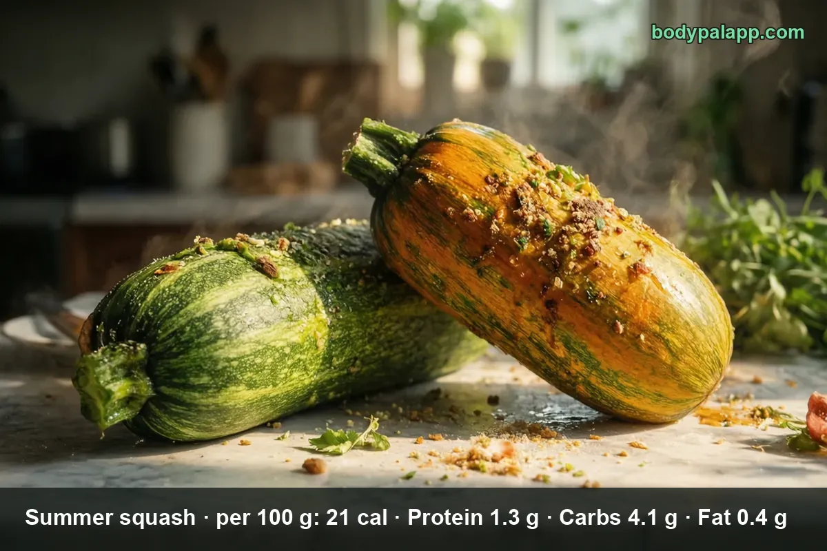 Two whole summer squash, one green and one striped yellow-orange, with spices on a marble counter.