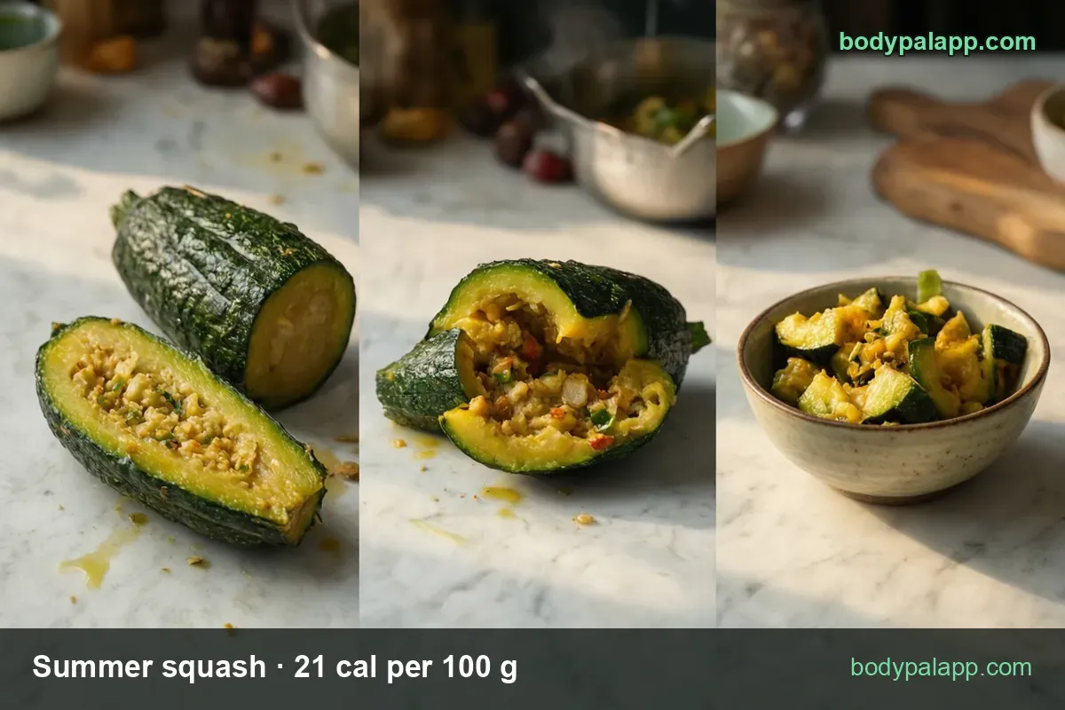 Stuffed summer squash halves and a bowl of steamed diced squash, labeled 1 cup (180 g) 38 cal and 1 whole (200 g) 42 cal.