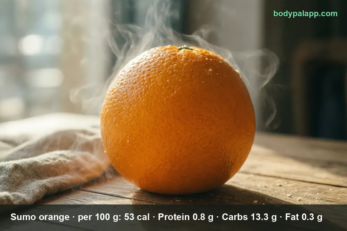 One whole Sumo orange with smooth orange peel, shown on its own.