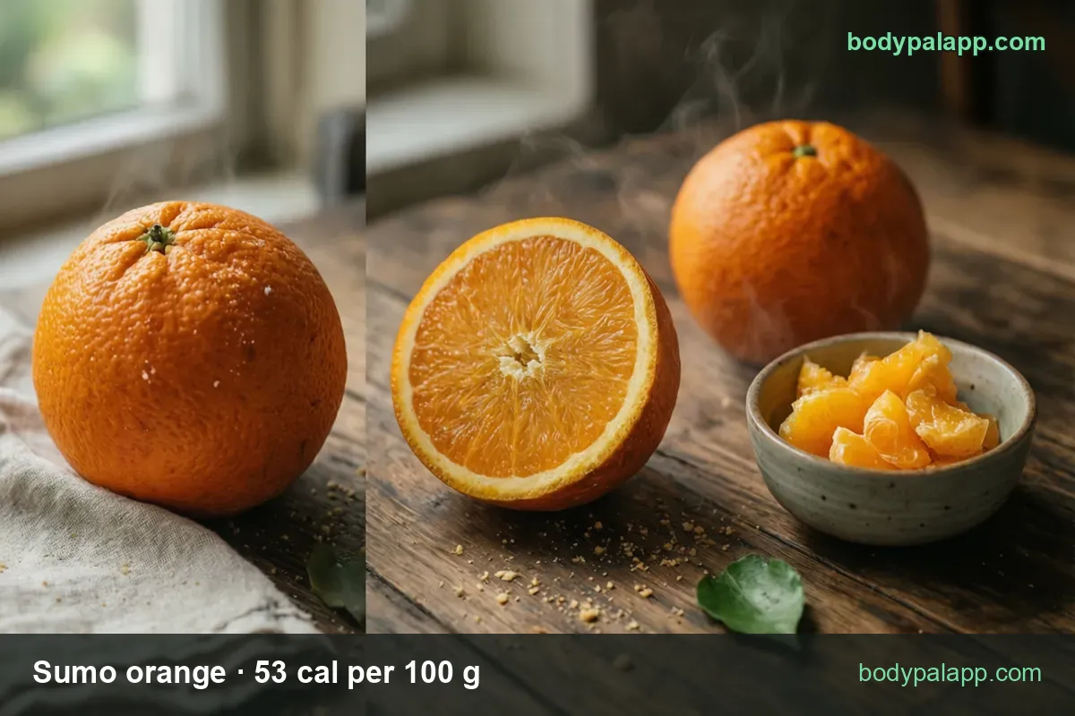 Whole Sumo orange on a cloth, a halved one, and a bowl of segments; chips read 1 cup sections (195 g) 103 cal and 1 large (120 g) 64 cal.