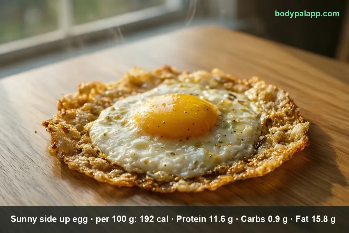 Sunny side up egg with crisp lacy edges and a runny yolk on a wooden board