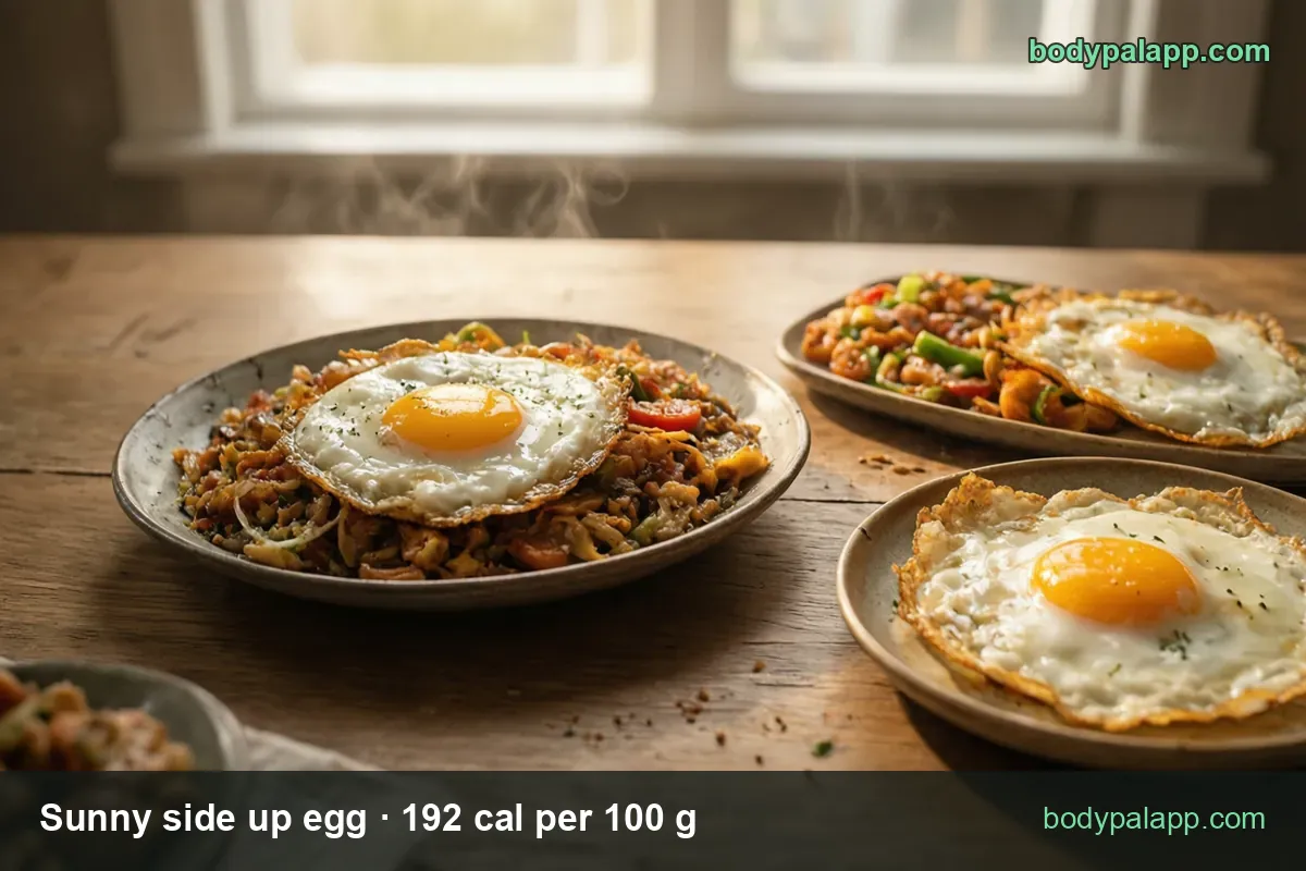 Sunny side up eggs on plates with spicy rice and pepper hash; 1 fried egg 55 g 106 cal and 2 fried eggs 110 g 211 cal