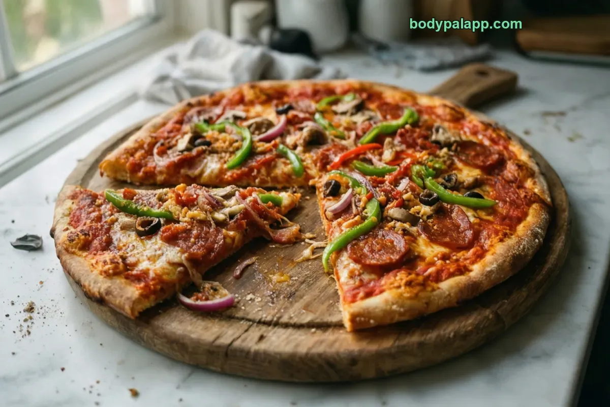 Supreme pizza, hand-tossed crust, baked