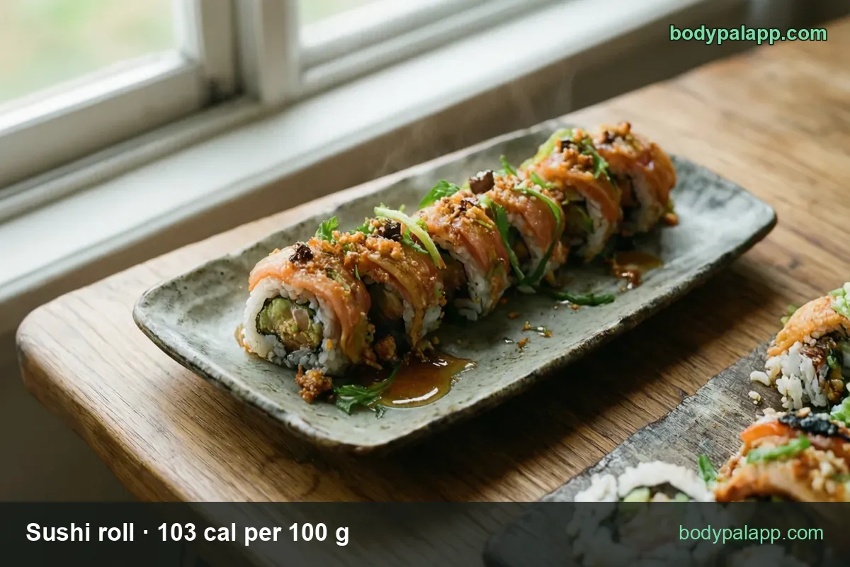 Six salmon-topped sushi roll pieces with avocado and sauce; chips show 6 pieces 180 g 185 cal and 1 piece 30 g 31 cal.