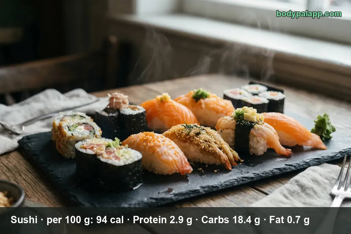 Close-up of a sushi platter holding about ten steaming pieces.
