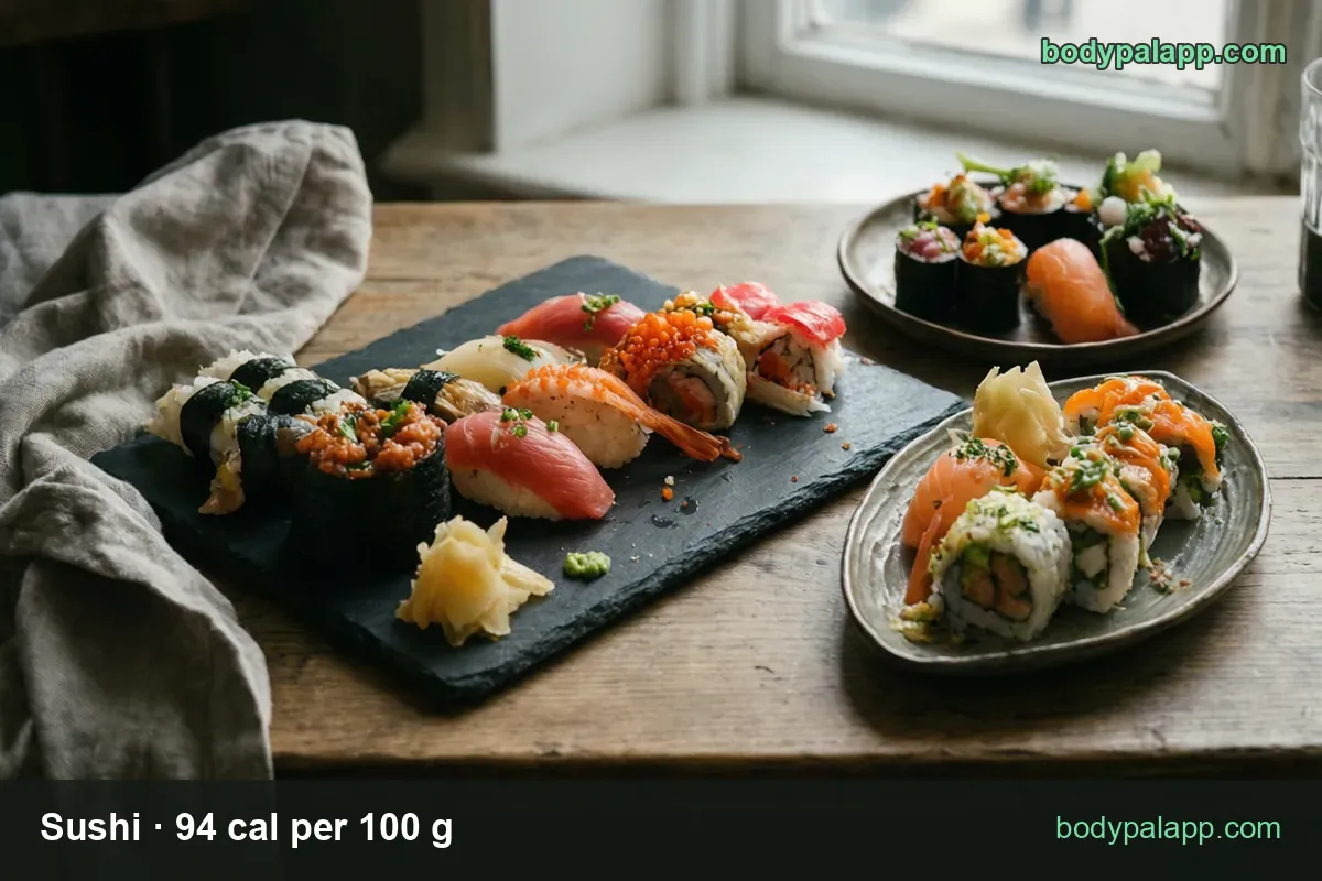 Black slate of about ten sushi pieces plus plates of maki and salmon uramaki; 6 pieces (180 g) 169 cal, 1 piece (30 g) 28 cal.