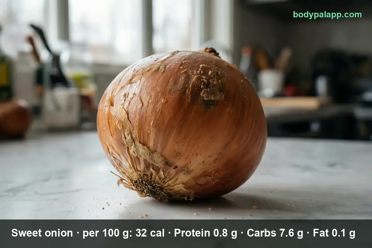 One whole large sweet onion with papery brown skin and a green shoot, on a marble surface.