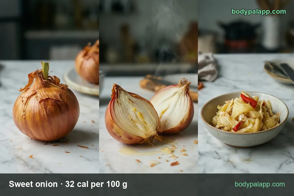 Whole sweet onion, two halves showing the layers, and a bowl of stewed onion with red chili; chips 1 onion 331 g and 1 medium 148 g.