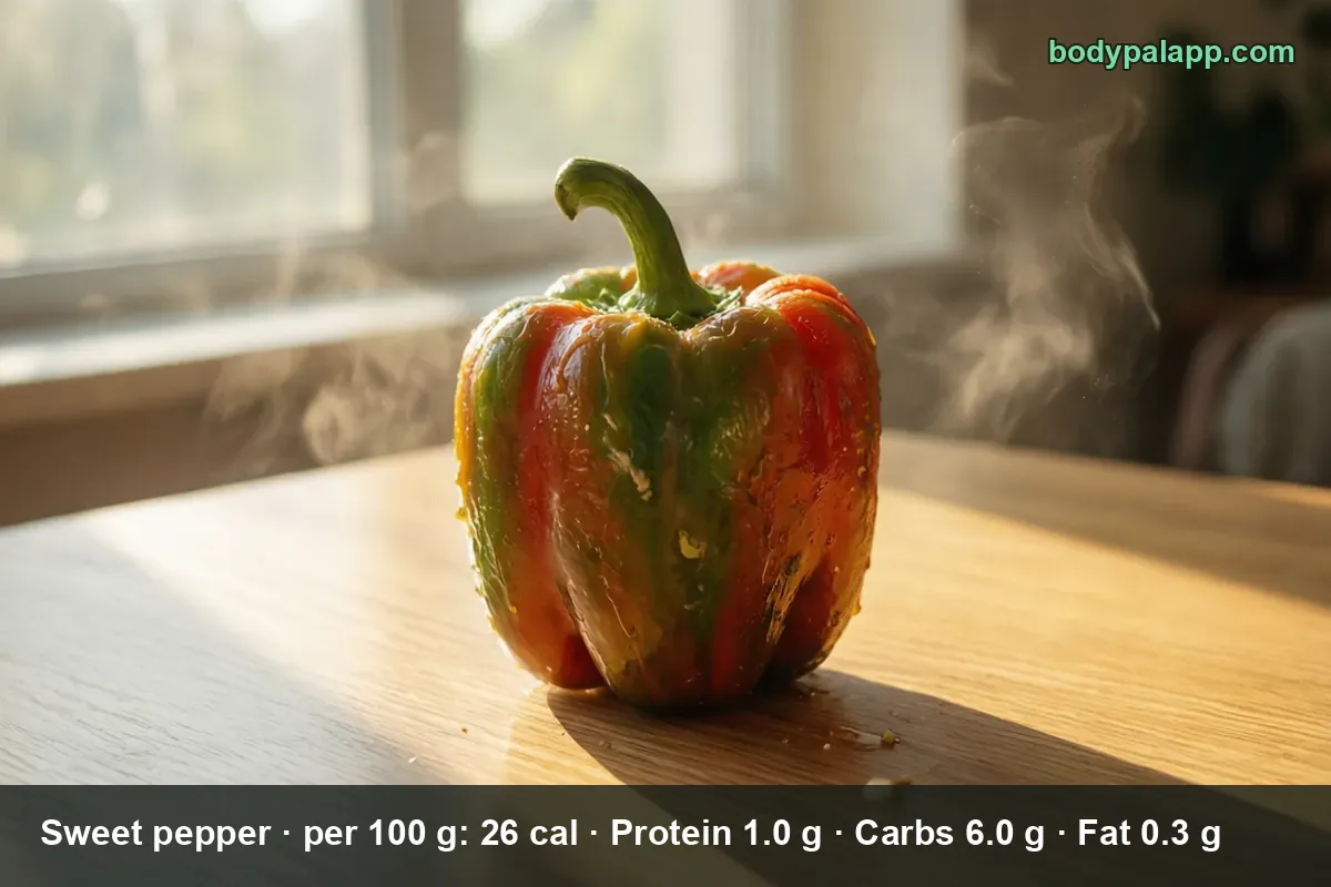 One whole bell pepper ripening from green to red-orange on a wooden table - 24 to 31 calories for a medium pepper