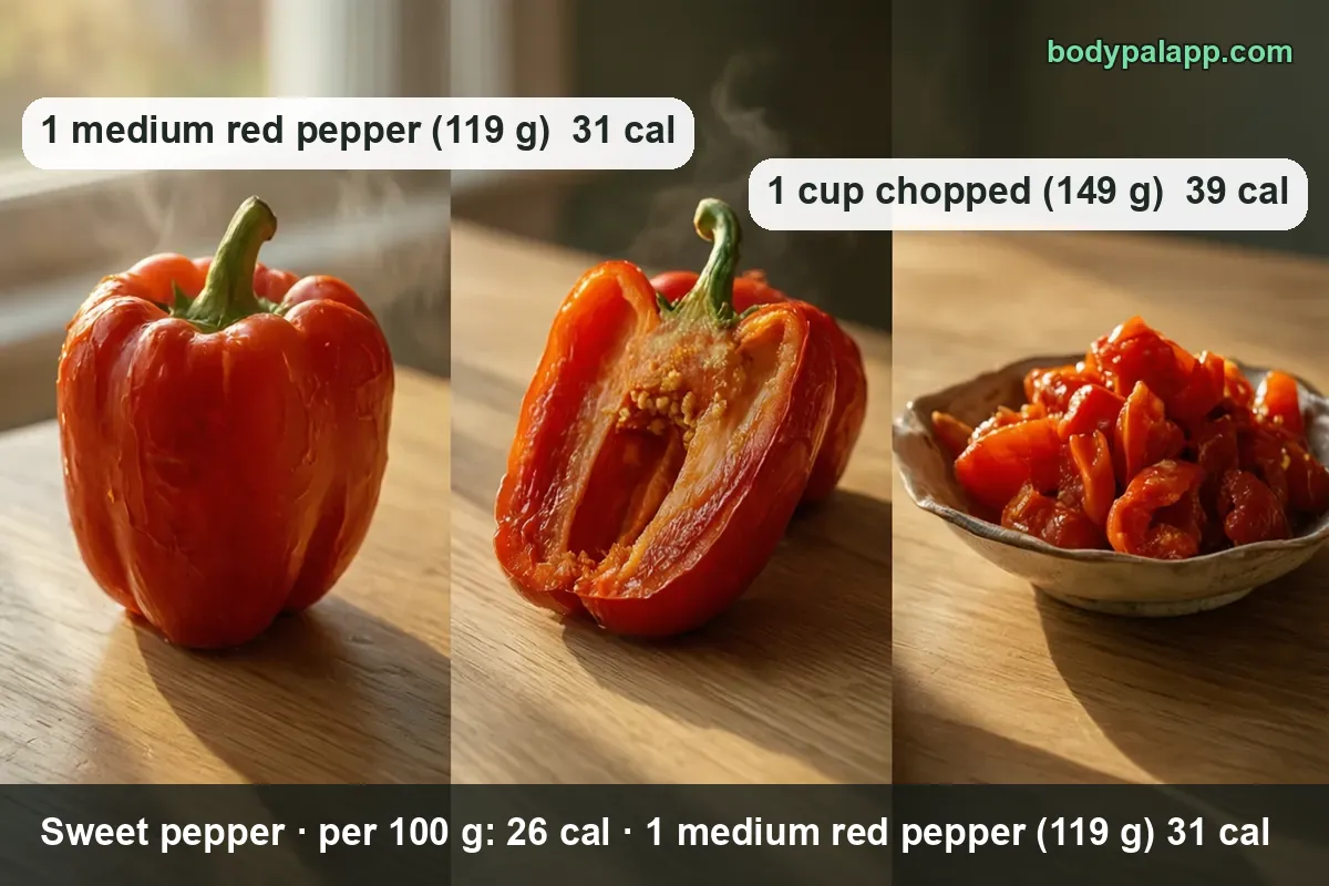 A whole red bell pepper, one halved showing seeds, and a bowl of chopped red pepper - 31 calories per medium pepper, 39 per cup chopped