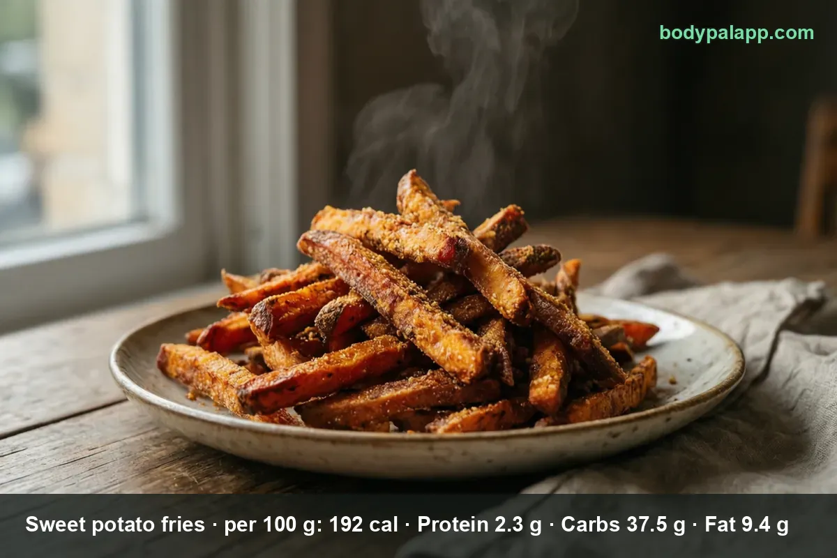 Plate piled with baked sweet potato fries with crisp edges and a light seasoning