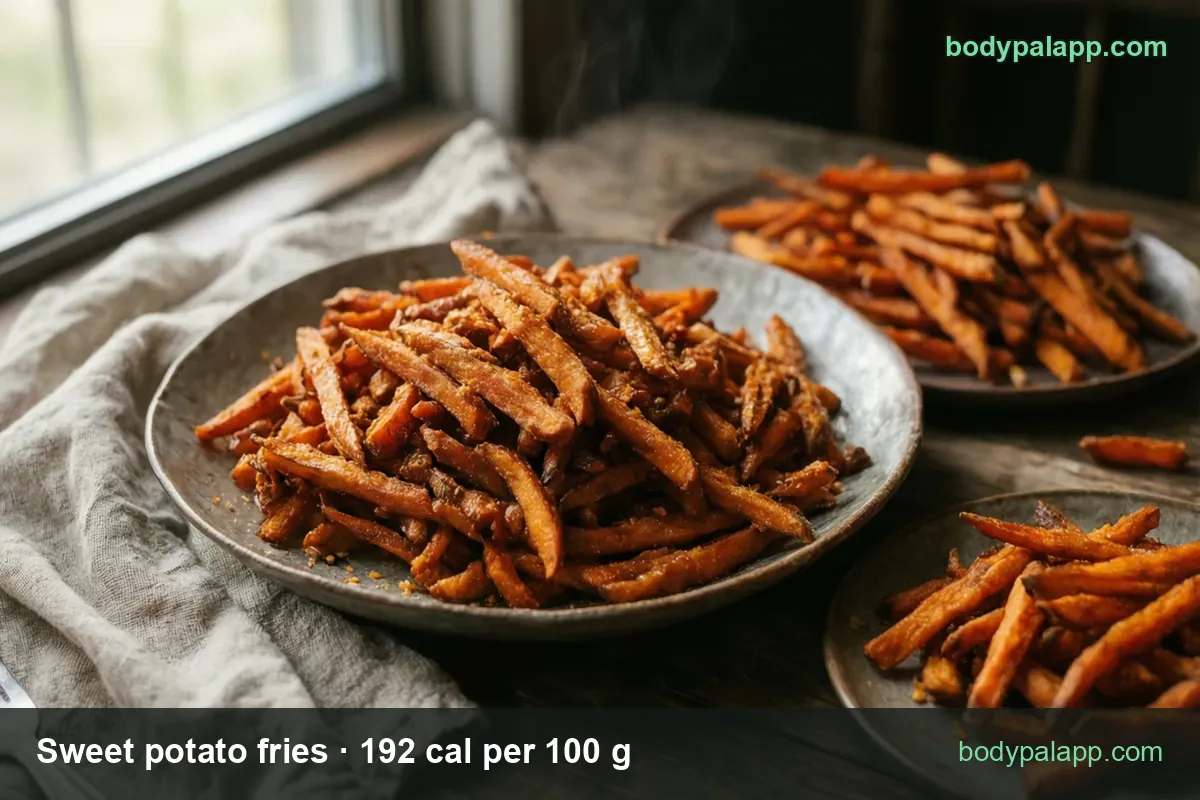Baked sweet potato fries on three plates, steaming: 1 cup (60 g) 115 cal and a 90 g serving 173 cal