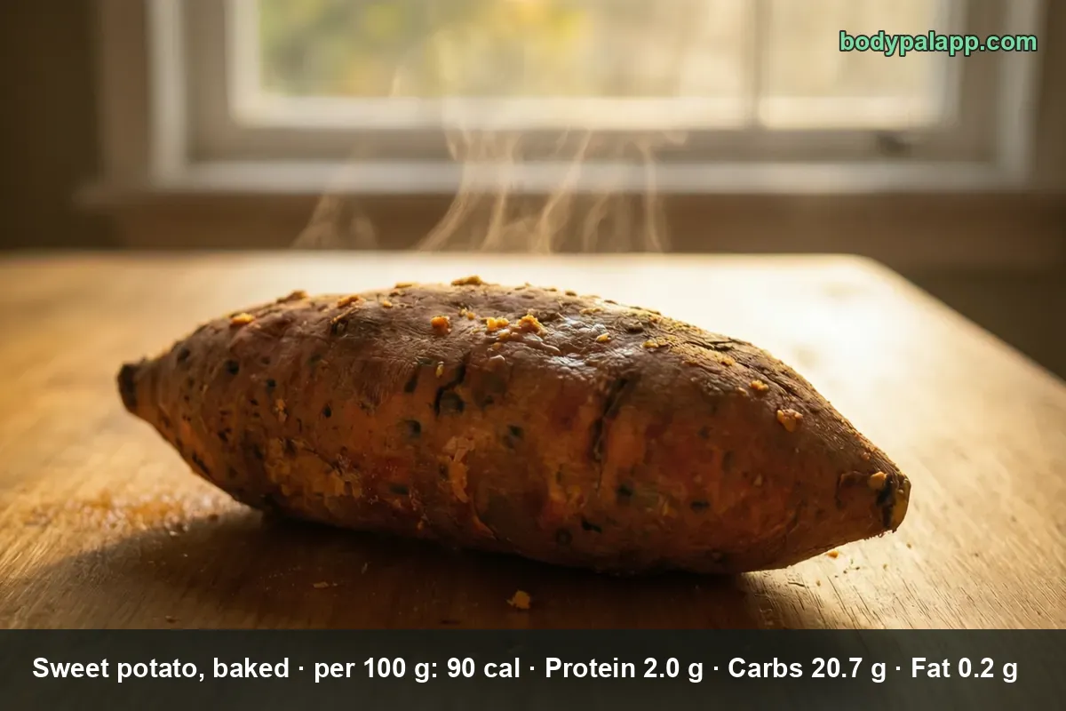 One whole baked sweet potato in its skin on a light wooden board - 103 calories per medium potato