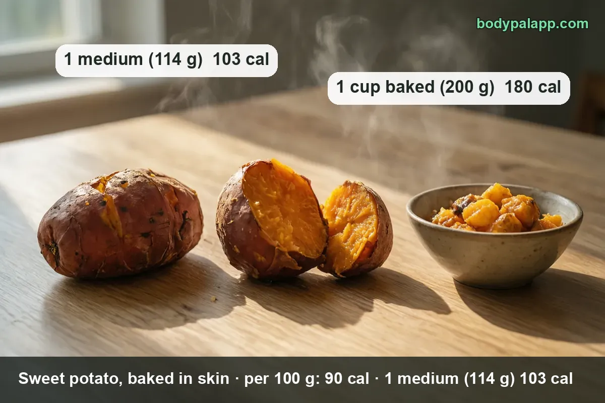 A whole baked sweet potato, two halves with orange flesh, and a bowl of roasted cubes - about 1 cup