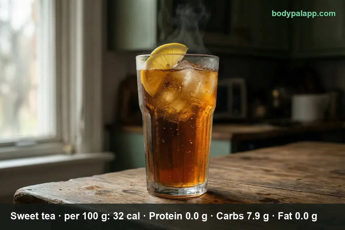 Tall glass of iced sweet tea with ice cubes and a lemon slice on a wooden table
