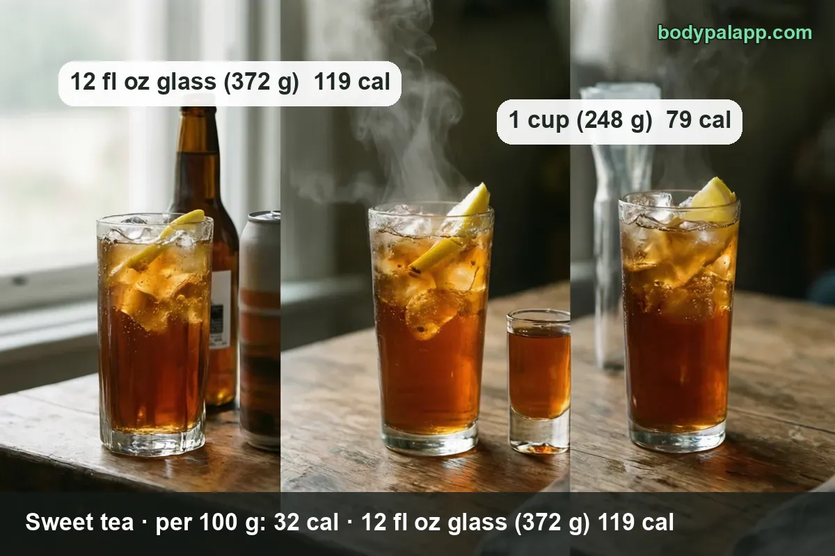 Three glasses of iced sweet tea with lemon: 12 fl oz glass (372 g) 119 cal and 1 cup (248 g) 79 cal